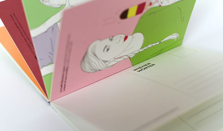 Wiener Wörter Postkarten verstreut am Tisch