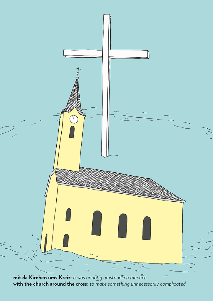 Postkarte 'mit da Kirchen ums Kreiz'
